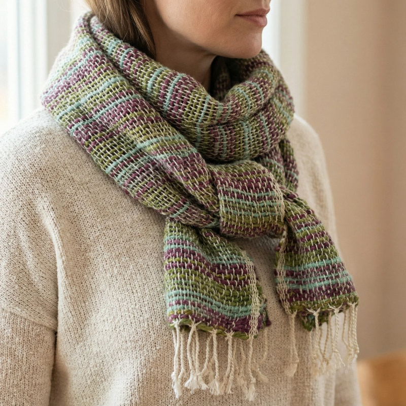 Handwoven Pastel Striped Wool Scarf with Fringe