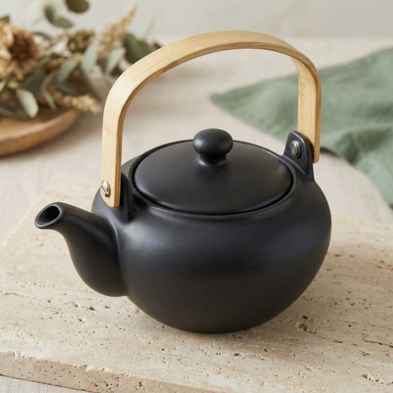 Matte Black Ceramic Teapot with Bamboo Handle